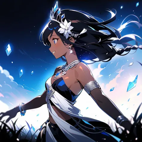 (((masterpiece)))(((anime style))),1girl,(beautiful detailed girl) ,solo,pokemon anime style,<lora:animetarotV51:1>tan skin, beautiful dark blue eyes, beautiful detailed face, very long dark black hair styled in a loose braid, wearing a dark blue high-low sari covered in sparkling white diamonds, dark blue short sleave top covered in diamonds, diamond earrings, midriff slightly exposed, silver bracelets, silver anklets, barefoot, silver and diamond tiara, hair blowing in wind, starry hair lighting, sari blowing in wind, blushing, happy, small smile, looking at the sky in a grassy field at night, small blue crystal altar in front of her, dark blue sky, star filled sky, no moon, no clouds, breezy weather, highly detailed background, beautiful hands, detailed hands, side angle, cowboy shot ((eye level height shot)), soft lighting