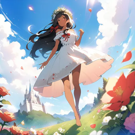(((masterpiece)))(((anime style))), crepuscular light, (beautiful detailed girl), 1girl ,solo, pokemon anime style, <lora:animetarotV51:1> tan skin, long thigh-length straight dark black hair styled straight, wearing a simple flowing white and red off-shoulder backless thigh length sundress with a red bow, a red pink and white flower crown, and barefoot, running in a rose filled hilly garden at noon, happy, blushing, smiling, hair blowing in the wind, dress blowing in the wind, pastel red eyes, <lora:sdxl-1.0_makoto-shinkai:1> white stone castle walls in the background, flower petals in the air, large fluffy white clouds in the sky, spring season, breezy weather, full body, highly detailed background, beautiful hands, detailed hands, front side angle, mid low angle