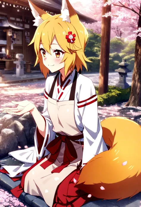 1girl,solo,<lora:senko_animagineXL_v1:0.7>,sen,blonde hair,animal ears,fox ears,blush,animal ear fluff,hair ornament,fox girl,hair flower,hair,short hair,fox tail,tail,
young girl,miko,japanese clothes,apron,
happy smile,lotus position, sitting, 
solo focus,summary,(sunset:1.3),
<lora:jinzya_SDXL_V1:0.5>,jinzya,(shrine),tree,(cherry blossoms:1.1),(scenery:1.3),outdoors,road,architecture,building,day,stone lantern,bush,(cherry blossom petals are scattered:1.2),petal,
very aesthetic,best quality,official art,photo background,cinematic Scene,Fantastic,detailed face,masterpiece,eyes,