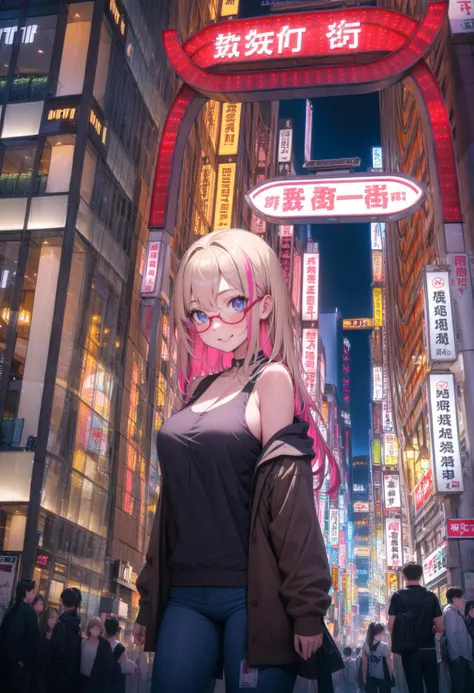 6+others, multiple others, 1girl, solo focus, blonde hair, pink hair, long hair, streaked hair, multicolored hair, blue eyes, eyeliner, glasses, semi-rimless eyewear, tank top, cardigan, open cardigan, large breasts, jeans, looking at viewer, smile, kabukicho1, scenery, sign, city, cityscape, night, building, outdoors, neon lights, road, city lights, sky, road sign, street, skyscraper, lamppost, chinese text, night sky, masterpiece, best quality, very aesthetic, absurdres, <lora:shinjuku_kabukicho_SDXL_V1:1>