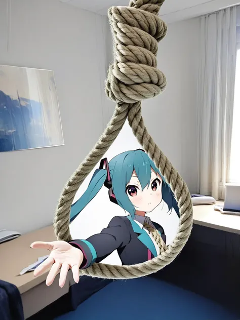 <lora:xl_äºæ¬¡åéé(a3.1):1>,1girl,solo,rope,photo \(object\),noose,Reaching out,hatsune miku,, masterpiece,best quality,
