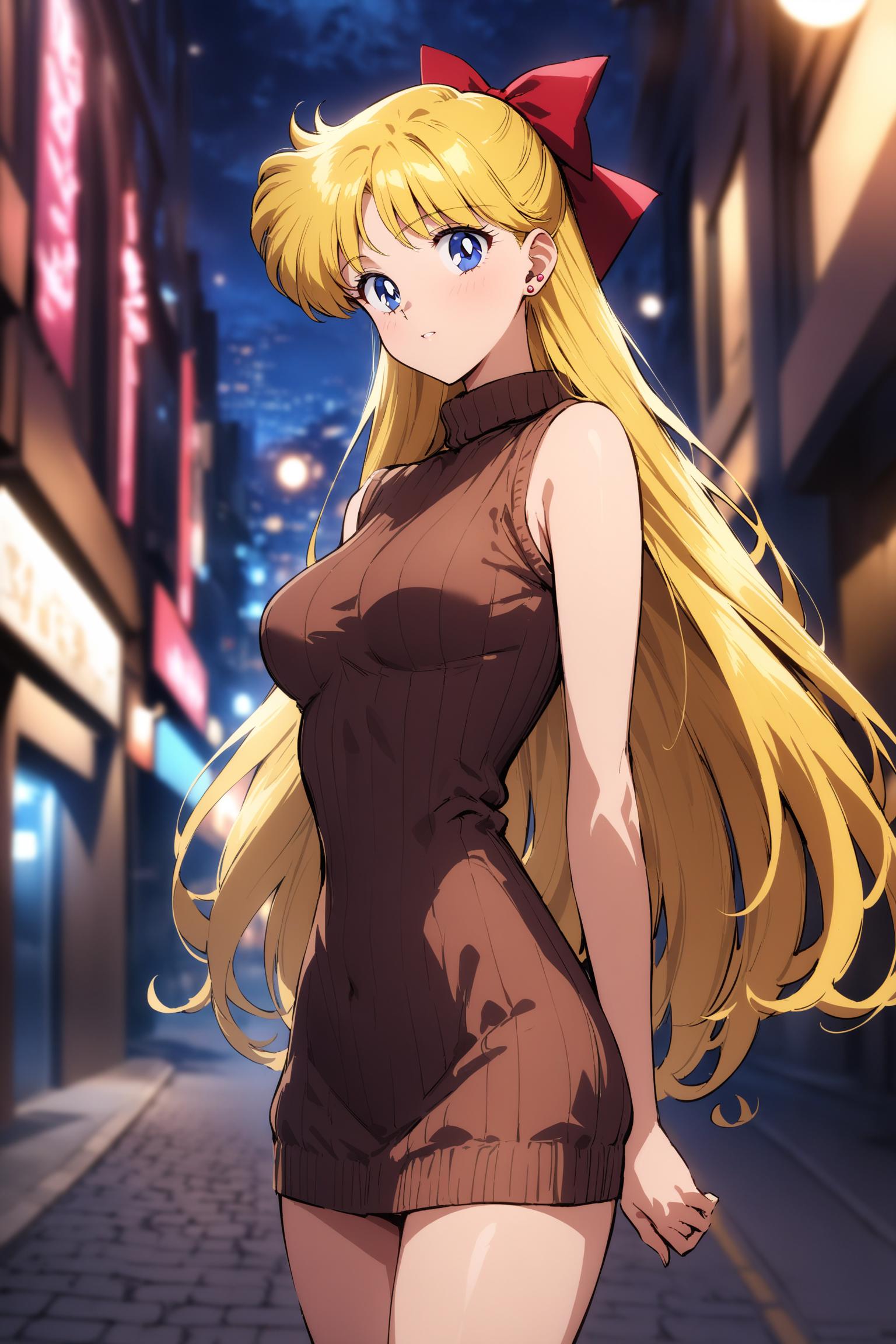 A woman in a short dress standing on a street at night - SeaArt AI