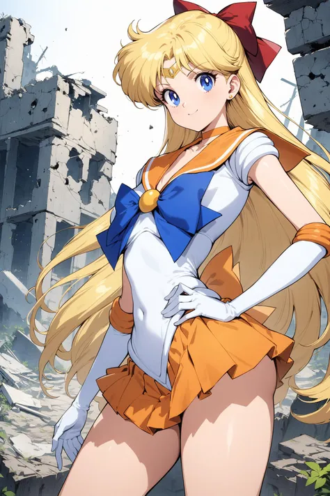 masterpiece, best quality, very aesthetic, absurdres, aavenus, long hair, blonde hair, hair bow, tiara, blue eyes, earrings, orange choker, collarbone, orange sailor collar, blue bowtie, white shirt, white leotard, elbow gloves, white gloves, pleated skirt, orange skirt,  <lora:sailor_venus_XL_v1(anima):0.9>, hand on hip, smile, ruins, standing, cowboy shot,