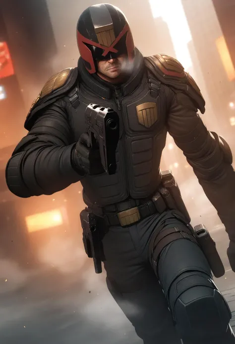 1boy, solo, <lora:Judge_Dredd_-_2012_SDXL:1> jdgdrdd, judge dredd, armor, badge, helmet, boots, gloves, covered eyes, holding gun, handgun, science fiction, cyberpunk, city, street, police, motor vehicle, building, skyscraper, fog, cinematic angle, depth of field, blurry background, (masterpiece), (best quality), (ultra-detailed), very aesthetic, illustration, perfect composition, intricate details,