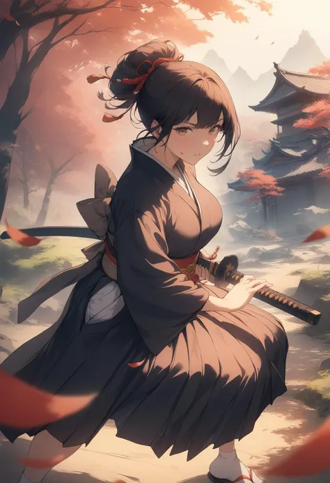 1girl, solo, samurai, hair up, japanese clothes, kimono, large breasts, hakama, tabi, from side, iaidow, katana, holding sword, ready to draw, sheathed, unsheathing, scabbard, fighting stance, battoujutsu stance, outdoors, dappled sunlight, grass, tree, cherry blossom, falling petals, falling leaves, mountain, depth of field, cinematic angle, (masterpiece), (best quality), (ultra-detailed), very aesthetic, illustration, perfect composition, intricate details, <lora:iaidou_XL_v1:0.8>