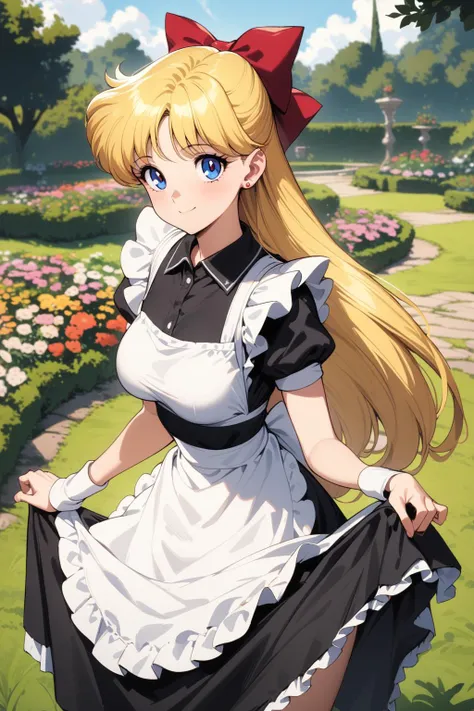 masterpiece, best quality, very aesthetic, absurdres, aavenus, long hair, blonde hair, hair bow, blue eyes, earrings, <lora:sailor_venus_XL_v1(anima):0.9>, maid, maid headdress, smile, garden, skirt hold,