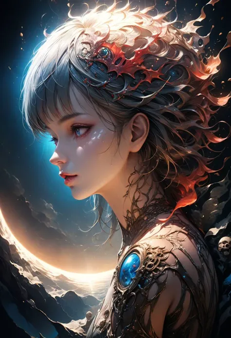 Bruxa da lava, bruxa, Volcano Witch, master part, beautiful face, cara bonita, rosto perfeito, volcano background, noite, Noite, lava, young woman, proportion Aurea, long tunic, Pretty tunic, Pedras preciosas, totalmente vestido, roupas extravagantes, cabelos ruivos curtos, Cabelos ruivos claros, Bob Longo, bob ondulado, cabelos ondulados, cabelos exuberantes, cabelos brilhantes, cintura pequena, Magic Volcano, arte digital, Rosto Suave, proporcional, corpo inteiro, pinceladas suaves, bordas suaves, Artsy, tons vermelhos, bordas vermelhas, tons amarelos, tons de laranja, tons de marrom, olhos vermelhos, olhos penetrantes, olhos grandes, Olhos bonitos, corpo bonito