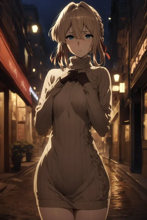 masterpiece, best quality, very aesthetic, absurdres, aave, braid, hair ribbon, red ribbon, <lora:violet_evergarden_XL_v1(anima):0.9>, sweater dress, turtleneck, ribbed sweater, gloves, night, street, standing, cowboy shot,