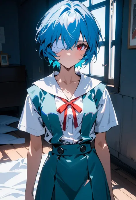 1girl, ayanami rei, neon genesis evangelion, short hair, blue hair, bandages, school uniform, solo, bandage over one eye, red eyes, ribbon, looking at viewer, tokyo-3 middle school uniform, shirt, short sleeves, closed mouth, neck ribbon, clenched hand, white shirt, hand up, skirt, red ribbon, bandaged head, suspender skirt, expressionless, bangs, collarbone, standing, bow, suspenders, arm at side, (indoors, window, wooden floor, bed:1.2),
(face focus, cowboy shot, close-up body:1.3), perfect features, intricate details, ray tracing, depth of field, ultra resolution image, (very aesthetic, newest, best quality, masterpiece:1.5), (Illustrate a translucent watercolor painting, with delicate washes of color, subtle blending, and an airy, dreamlike quality.), (sketch, outline, lineart:1.3),