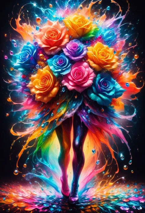 The appearance of colorful and colorful rose. The background shows rainbow-colored powder spreading like an explosion. Water droplets moistening the rose flower. It is so ridiculous that it is hard to distinguish the front, close-up photography, Ultra-detailed, ultra-realistic, full body shot,