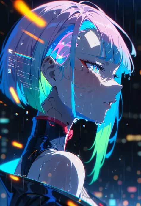 1girl, solo, lucy \(cyberpunk\), cyberpunk \(series\), asymmetrical hair, short hair, blue hair, green hair, pink hair, multicolored hair, blue eyes, eyeliner, eyeshadow, makeup, bare shoulders, wet, portrait, profile, half-closed eyes, tears, <lora:glowneon_xl_v1:0.25> glowneon, glowing, sparks, lightning, cyberpunk, hlpr, futuristic, hologram, glitch, error message, holographic face, ui, interface, nodes, particles, neon trim, surreal, night, city, city lights, neon lights, depth of field, rain, masterpiece, best quality, very aesthetic, absurdres, <lora:holoportraitv1:0.8>