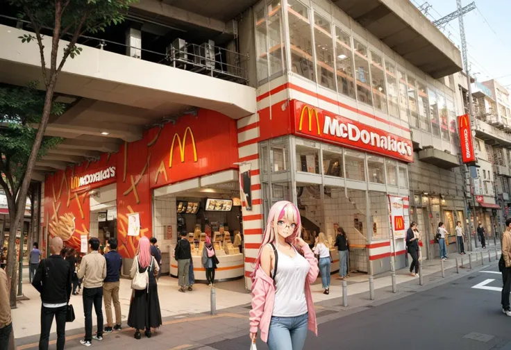 6+others, multiple others, 1girl, solo focus, blonde hair, pink hair, long hair, streaked hair, multicolored hair, blue eyes, eyeliner, glasses, semi-rimless eyewear, tank top, cardigan, open cardigan, large breasts, jeans, looking at viewer, smile, sannomiyanishiguchi, mcdonald's, storefront, street, scenery, road, real world location, lamppost, tree, car, sign, building, city, power lines, shop, <lora:sannomiya_mcdonalds_SDXL_V1:1>, masterpiece, best quality, very aesthetic, absurdres,