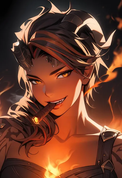1girl, solo, <lora:karlach_xl_rev2_1:1> Karlach, demon girl, demon horns, streaked hair, collarbone, fingernails, smile, smoking, cigar, smoke, smoke trail, portrait, fire, pyrokinesis, beautiful lighting, black background, masterpiece, best quality, very aesthetic, absurdres, <lora:offset_0.2:0.5>, <lora:add-detail-xl:0.5>