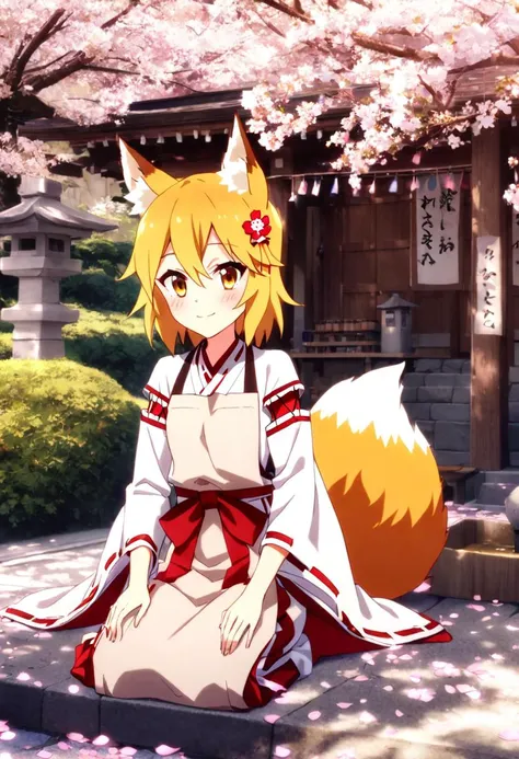 1girl,solo,<lora:senko_animagineXL_v1:0.7>,sen,blonde hair,animal ears,fox ears,blush,animal ear fluff,hair ornament,fox girl,hair flower,hair,short hair,fox tail,tail,
young girl,miko,japanese clothes,apron,
happy smile,lotus position,sitting,
solo focus,summary,(sunset:1.3),
<lora:jinzya_SDXL_V1:0.6>,jinzya,(shrine),tree,(cherry blossoms:1.1),(scenery:1.3),outdoors,road,architecture,building,day,stone lantern,bush,(cherry blossom petals are scattered:1.2),petal,
very aesthetic,best quality,official art,photo background,cinematic Scene,Fantastic,detailed face,masterpiece,eyes,