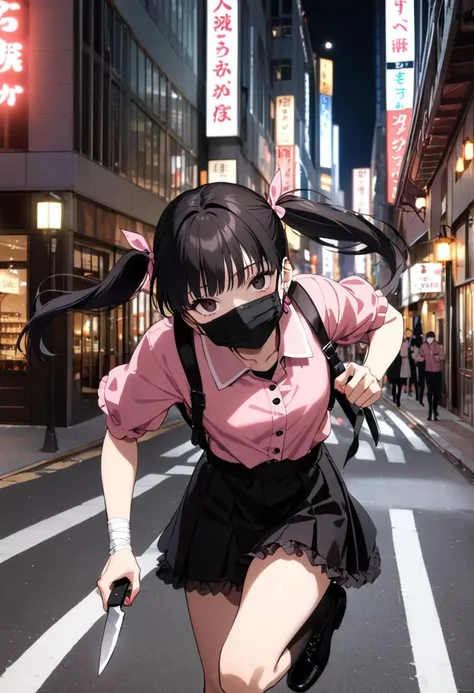 1girl,solo,twintails,black hair,expressionless,(black surgical mask:1.3),(yandere),
jirai kei,pink shirt,black Frill skirt,bandage on wrist,(pink checkered backpack),zettai ryouiki,
(sprinting:1.3),running,(concentration line:1.1),(holding knife:1.3),summary,looking at viewer,front view,
<lora:shinjuku_kabukicho_SDXL_V1:0.5>,kabukicho1,night,neon lights,building,city lights,lamppost,outdoors,multiple boys,
very aesthetic,best quality,official art,photo background,masterpiece,depth of field,