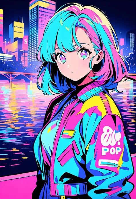 masterpiece, best quality, beautiful detailed eyes, ultra-detailed, finely detail, highres, perfect anatomy, colorful, Pastel Colors, (1girl:1.5), solo, (city pop illustration), (city pop arts), simple background, retro style, (vaporwave city pop), (80's city pop:1.5), (city pop anime), (river, bridge), retoro style, Kyoto Animation, 80's fashion, cowboy shot,