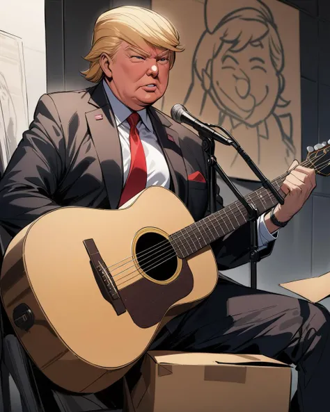 donald trump,Cardboard drawings,trump playing guitar,best quality,masterpiece