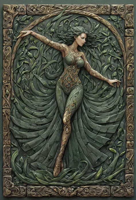 detailed, sharp, perfect, intricate celtic mosaic, celtic art, (olive green:0.8), (very dark green:1.0), (gold:1.5), celtic knots, leaves, branches, woman, vines, plants, flowers, dancing