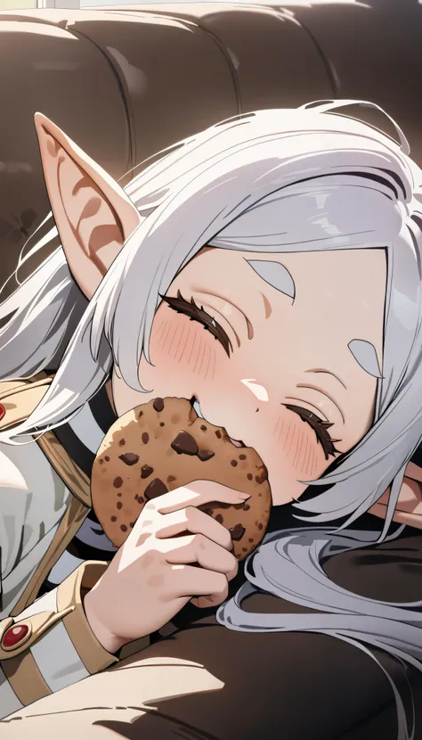1girl, frieren, Sousou no Frieren, (adult:1.1), medium breast, masterpiece, best quality, high detail, absurd res, newest, eating a chocolate chip cookie, camp setting, forest background, fantasy setting