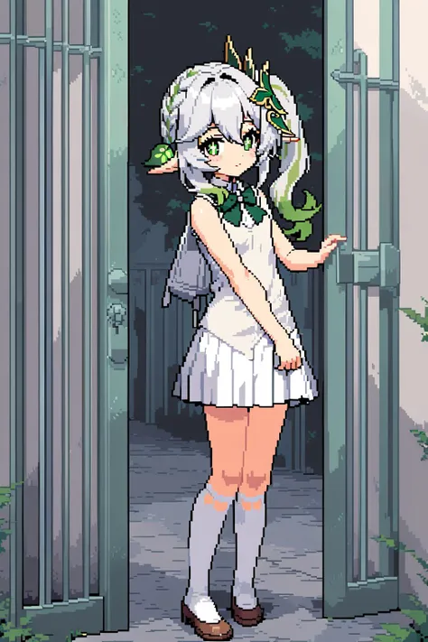 1girl, genshin impact, nahida \(genshin impact\), Loli, green eyes, white hair, side ponytail, cross-shaped + +, leaf hair hair ornament, smile, nude, small breasts, nipples, in tokyo \(city\), road sign, selfie, pussy,