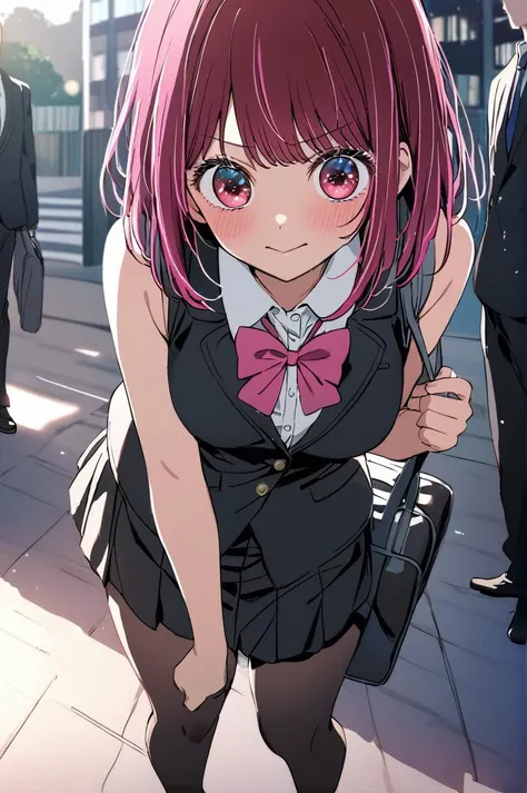 masterpiece, best quality, oshi no ko, 1girl, arima kana (oshi no ko), wears sleeveless school uniform and school bag, 1boy, Hoshino Aquamarine wears black suit, walking on the dawn street