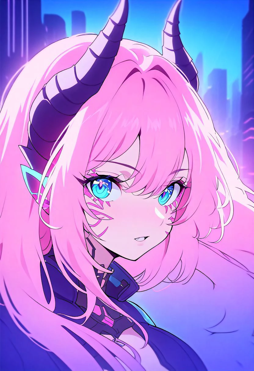 A captivating close-up shot of a solitary girl with long pink hair blue eyes and horns amidst the neon-lit streets of a cyberpunk city at night. The artwork should focus on the girl's character and expression, while also showcasing the vibrant energy and atmosphere of the futuristic cityscape. Utilize dynamic lighting and rich colors to create a visually stunning portrayal of the cyberpunk aesthetic.