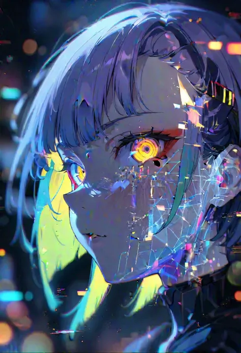 1girl, solo, lucy \(cyberpunk\), cyberpunk \(series\), asymmetrical hair, short hair, blue hair, purple hair, yellow hair, multicolored hair, yellow eyes, eyeliner, eyeshadow, makeup, portrait, looking at viewer, cyberpunk, hlpr, futuristic, hologram, glitch, holographic face, ui, interface, nodes, particles, depth of field, bokeh, masterpiece, best quality, very aesthetic, absurdres, <lora:holoportraitv1:1.1>