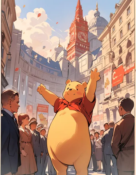 winnie the pooh,masterpiece,best quality,highres,best quality,ultra high res,2d,(highlydetailed),(solo),(stylish),(fashionable),<lora:Soviet-poster:0.8>,soviet poster,standing on a public square,point to sky,