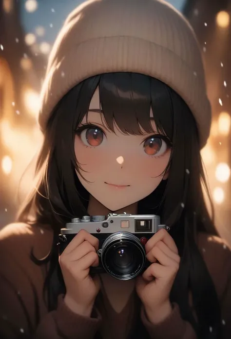 masterpiece, best quality, analogue photo of adult girl, looking at viewer, long hair, sweater, sweater hat, extremely beautiful detailed face, medium breasts, (cute face, temptations look), head shot, hold cheeks with hands, snowing background, high key lighting, eye level, Leica M3, Ektar 100, 50mm, (vignette photography), (professional photo, balanced photo, balanced exposure)