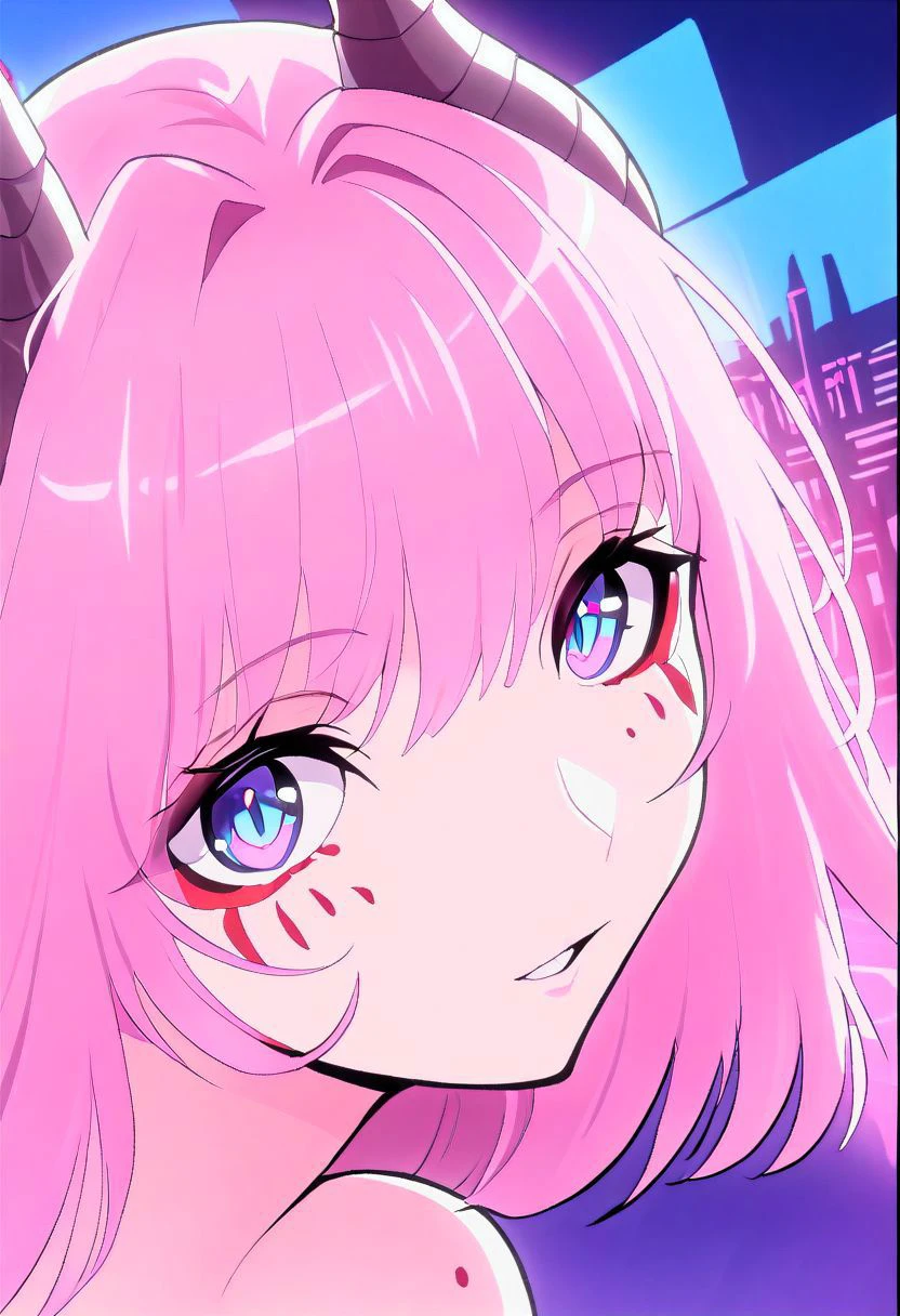 A captivating close-up shot of a solitary girl with long pink hair blue eyes and horns amidst the neon-lit streets of a cyberpunk city at night. The artwork should focus on the girl's character and expression, while also showcasing the vibrant energy and atmosphere of the futuristic cityscape. Utilize dynamic lighting and rich colors to create a visually stunning portrayal of the cyberpunk aesthetic.