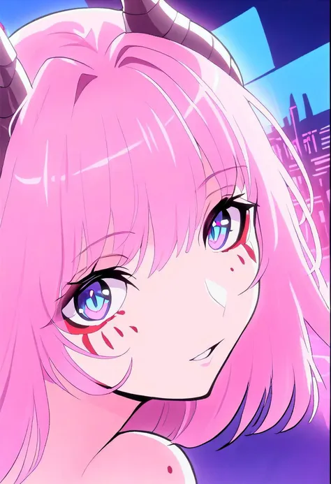 A captivating close-up shot of a solitary girl with long pink hair  blue eyes and  horns  amidst the neon-lit streets of a cyberpunk city at night. The artwork should focus on the girl's character and expression, while also showcasing the vibrant energy and atmosphere of the futuristic cityscape. Utilize dynamic lighting and rich colors to create a visually stunning portrayal of the cyberpunk aesthetic.