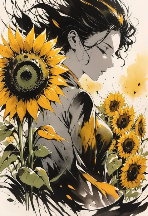 SelectiveColorStyle yellow and orange, 2colorpop, ink stained wash painting. A woman with her eyes closed. ((Sunflowers)). Best quality with insane detail and sharp focus.linquivera,inkstains,charcoal