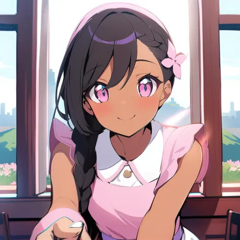 (((masterpiece)))(((anime style))), (Soft natural lighting)(Eye level)(closeup) Looking at viewer (beautiful detailed girl), 1girl ,solo, pokemon anime style, <lora:animetarotV51:1> tan skin, very long straight dark black hair styled in a loose french braid, beautiful detailed pink eyes, wearing a white short sleeved shirt, pink short sleeveless pinafore dress with a bow, purple bow in her hair, black ankle height boots, black necklace, zettao ryoiki, hair blowing in wind, blushing, happy, beautiful smile, <lora:concept-pov_across_table-v1:1> pov across table, <lora:kabedon_view:1>1girl solo, kabedon pov, holding cookie, feeding viewer, sitting in a maid cafe, dark wood and pink cafe, flowers in pots on the walls, large window behind the girl, grassy hills outside window, sunny weather, spring season, highly detailed background, beautiful hands, detailed hands, (((from the front))), looking at the camera, cowboy shot, hair lighting