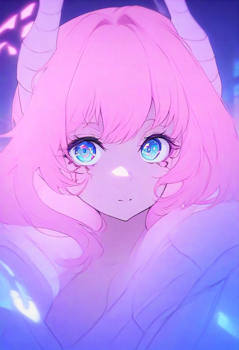A captivating close-up shot of a solitary girl with long pink hair blue eyes and horns amidst the neon-lit streets of a cyberpunk city at night. The artwork should focus on the girl's character and expression, while also showcasing the vibrant energy and atmosphere of the futuristic cityscape. Utilize dynamic lighting and rich colors to create a visually stunning portrayal of the cyberpunk aesthetic.