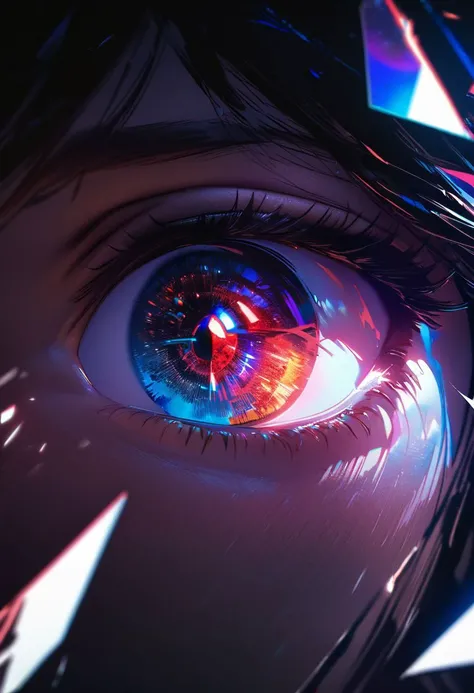 Eye of the universe, Broken Glass Shards, peeking, glitchy, Dark Fantasy, Close-up, Motion Blur, Portrait, Dynamic Lighting, Sharp Focus, High Contrast, line art, HD, chromatic aberration, realistic, Anime, Manga Art, masterpiece, best quality, aesthetic, absurdres, 8k