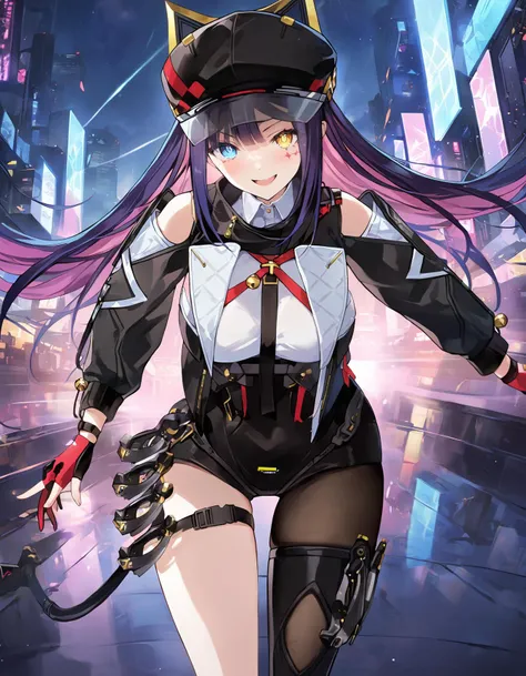 score_9, score_8_up, score_7_up,best quality, masterpiece, 4k,prefect lighting,
zzbsaa, solo, 1girl, heterochromia, blue eyes, long hair, black hair, pink hair, looking at viewer, multicolored hair, bangs, yellow eyes, mechanical cat tail,symmetrical thighhighs,
, reflective water,  squatting,large breasts,, open mouth,tongue out,grin smile,  diamond \(shape\) face tattoo,   
paw pose,cinematic angle,newest,cameltoe,
cyber punk, emo, background folding around model,
street,night ,outdoors,newst ,official art, anime screencap,
 <lora:LECO_LessHarshEmotionsXL:2.5> <lora:AetherGazer_Bastet_animagine:1>