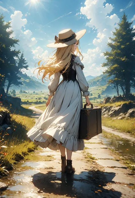 detailed landscape, 1girl, on a path, holding suitcase, noble dress, from back, facing away the viewer, long shot, blonde hair, long hair, hair with wind, looking at viewer, smiling, countryside, flat landscape, tree, outdoors, fantasy, blue sky, clouds, sunny, hat, cgi, masterpiece, best quality, very aesthetic, absurdres, <lora:add-detail-xl:1>,  <lora:MJ52:0.25>,  <lora:d4rk01lXLP:0.60> d4rk01l