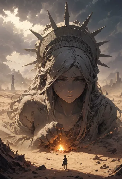 Statue of Liberty, half-buried in desert sands, crumbling stone, cracked torch, faded colors, barren landscape, oppressive sky, distant ruins, sandstorm approaching, desolation, depth of field, masterpiece, best quality, ultra-detailed, very aesthetic, illustration, perfect composition, intricate details, absurdres, moody lighting, wisps of light, no humans.