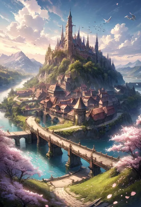 detailed background, witchy aesthetic, realistic, blurry background, outdoors, sky,day, cloud, water, tree, blue sky, petals, no humans, bird, grass, cherry blossoms, building, scenery, mountain, city, fantasy, road, watercraft, bridge, river, castle, tower, boat, landscape, mountainous horizon, lake, dock depth of field, masterpiece, best quality, ultra-detailed, very aesthetic, illustration, perfect composition, intricate details, absurdres, moody lighting, wisps of light,