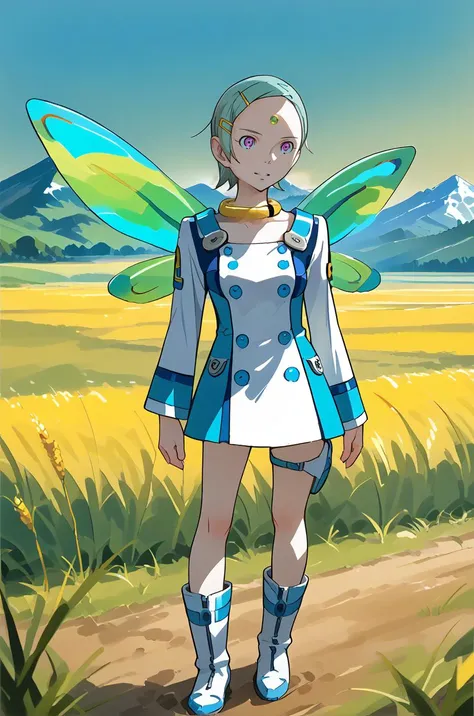 score_9,score_8_up,score_7_up, best quality, 4k, rating_safe, very aesthetic, safe pos, <lora:Eureka:0.3>, <lora:Eureka - Eureka Seven Astral Ocean:0.7>, <lora:Eureka - Eureka Seven V5:1> EUREKE7, purple eyes, hairclip, hair ornament, blue_white_D3fDrss, thigh strap, thigh pouch, boots, white footwear, straps, wings, (forehead:1), 1girl, solo, solo focus, collarbone, medium-large breasts, parted lips, expressionless, looking away, sideway glance, thighs, legs, posing, detailed, light on face, soft skin, smile, warm light, modern, nature, sky, grass, field, depth of field, mountain, cinematic, flat color, official art, [illustration], [screencap], source anime, vibrant colors, saturation, <lora:Watercolor Anime Style LoRA_Pony XL v6:0.5> watercolor \(medium\), traditional media,