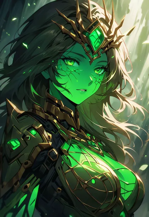 Sexy woman with gold and green mechanical body, glowing green face, glowing green skin, cinematic photography, golden cobweb, majestic, awesome, inspiring, closeup, smooth, atmospheric haze, cinamatic composition, soft shadows, national geographic style, green glow, extremely detailed