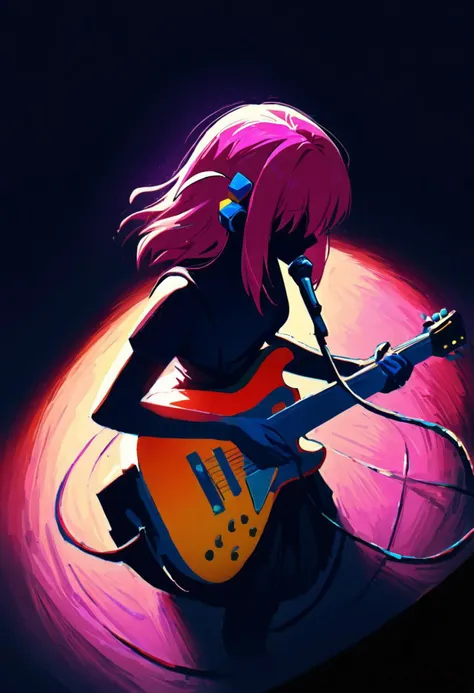 masterpiece, best quality, very aesthetic, absurdres,
dramatic lighting, retro color, on stage, from above, BREAK
1girl, gotoh hitori, bocchi the rock!, pink hair, playing guitar, microphone
triadic colors, stunning, epic, intense, highly detailed, warm light, imposing, confident, beautiful composition, cool colors, ambient background, deep rich colors,