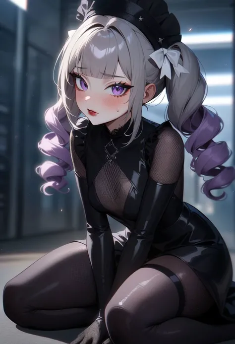 1girl, looking at viewer, solo, anime style, woman, perfect slim hourglass figure, narrow waist, depth of field, scenery, dark lipstick, long eyelashes, , pose, small breasts, wide hips, narrow waist, slim hourglass figure, hat , goth dress, knees socks, garters, medium hair, blunt bangs, gloves, elbow gloves, fishnet gloves, made dress, black dress, long hair, breasts, blush, dress, bow, twintails, purple eyes, purple hair, sweatdrop, black dress, makeup, white bow, black nails, gothic, gothic, black lips, maid hat, white hair bow, makeup, white bow,
masterpiece, best quality, very aesthetic, absurdres, neon genesis, beautiful, aesthetic, chromatic aberration, ((detailed face)),highly detailed, masterpiece, best quality, very aesthetic, expressive eyes, perfect face,((beautiful eyes)),(((perfect female body))), shiny skin, super idol face, intricate details, (perfect lighting), highres, flush lips, perfect lips, black eyeshadow, thick thighs, thighs ass, indoor, light particle, sitting, sitting on knees,