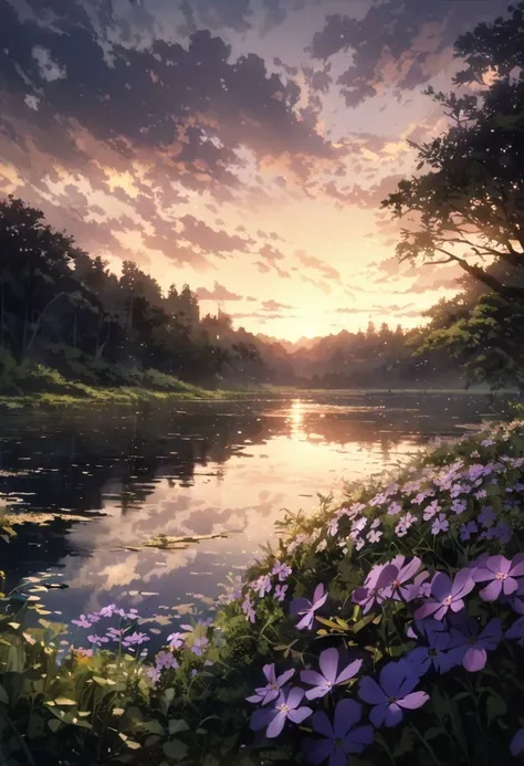 detailed background,( Calm spring night landscape), amongst lush greenery, beautiful view, creeping phlox in full bloom, creeping phlox, early morning, sunrise sky, beautiful clouds, dappled sunlight, outdoor seating, one lamp, Tranquil Lake, Boat on a Lake, depth of field, masterpiece, best quality, ultra-detailed, very aesthetic, illustration, perfect composition, intricate details, absurdres, moody lighting, wisps of light, no humans,