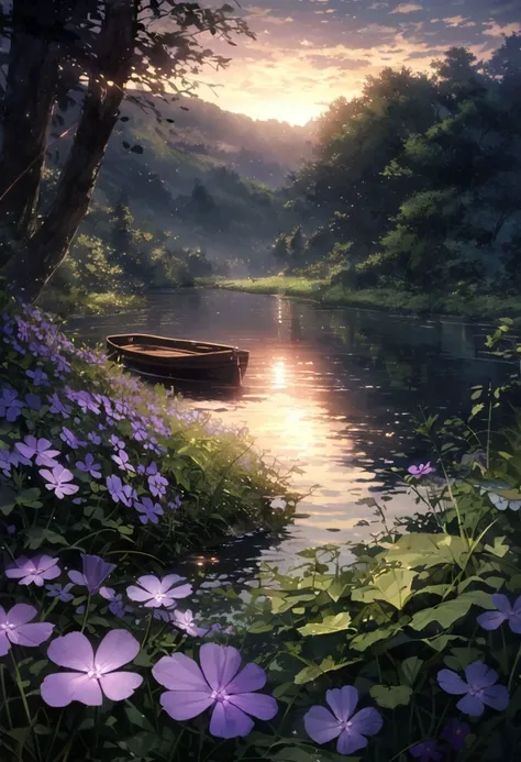 detailed background,( Calm spring night landscape), amongst lush greenery, beautiful view, creeping phlox in full bloom, creeping phlox, early morning, sunrise sky, beautiful clouds, dappled sunlight, outdoor seating, one lamp, Tranquil Lake, Boat on a Lake, depth of field, masterpiece, best quality, ultra-detailed, very aesthetic, illustration, perfect composition, intricate details, absurdres, moody lighting, wisps of light, no humans,