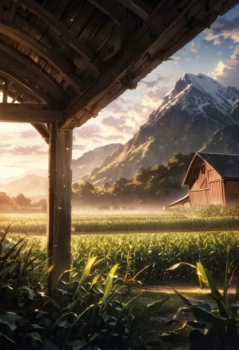 detailed background, (Calm spring night landscape), amongst lush greenery, beautiful view, corn farm, early morning, sunrise sky, beautiful clouds, dappled sunlight, outdoor seating, barn, Snow-capped mountains, white clouds, depth of field, masterpiece, best quality, ultra-detailed, very aesthetic, illustration, perfect composition, intricate details, absurdres, moody lighting, wisps of light, no humans, RAW Photography, lens flare, low wide angle,, (sharpness in detail:1.1), Canon EOS 5D Mark IV, masterpiece, (iconic photograph:1.4), (visual storytelling:1.2), film grain, award winning