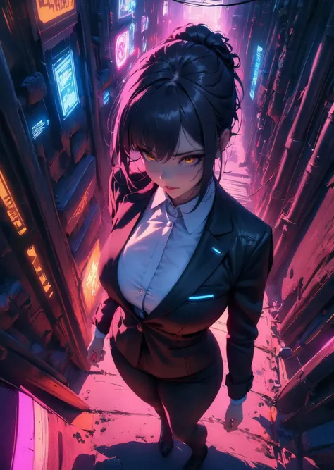 a woman in a suit, looking down at viewer with sharp eyes, she is smoking a cigarette, hands are in the trouser pocket, beautiful, pink eyes, white long twintail hair, side view