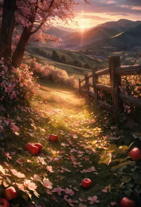 (best quality, 8k, high res, masterpiece:1.2), photorealistic, ultra-detailed, vibrant photography of a picturesque apple orchard at sunset. The trees are heavy with ripe, glistening apples in shades of red, green, and gold, their leaves a vibrant, healthy green. Sunlight filters through the branches, casting a warm, golden glow over the entire scene. Delicate apple blossoms still cling to some branches, adding a touch of soft pink and white to the landscape. The ground is covered with a lush carpet of grass and wildflowers, with fallen apples scattered about. A rustic wooden fence borders the orchard, and in the background, rolling hills and distant mountains are bathed in the warm, fading light of the setting sun. A gentle breeze rustles the leaves and carries the sweet scent of apples through the air. This idyllic scene captures the serene beauty and abundance of nature in exquisite detail. (dynamic angle, cinematic lighting, ethereal atmosphere:1.1), (extremely detailed:1.2), (vivid colors:1.3), (perfect composition:1.2), (sharp focus, stunning realism:1.2)