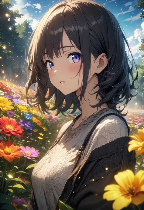 gorgeous lips, (masterpiece), (best quality), (ultra-detailed), very aesthetic, illustration, perfect composition, intricate details, absurdres, detailed face, (anime, masterpiece, intricate:1.3), (best quality, hires textures, high detail:1.2), (4k),(incredibly detailed:1.4) 
(((Best quality))), (((Ultra detailed))), ((((vivid)))), landscape, (((fireflies, particles))), (((flower garden, colorful flowers, beautiful flowers))), ((blue sky, cumulonimbus)), <lora:more_details:0.5>, 1girl