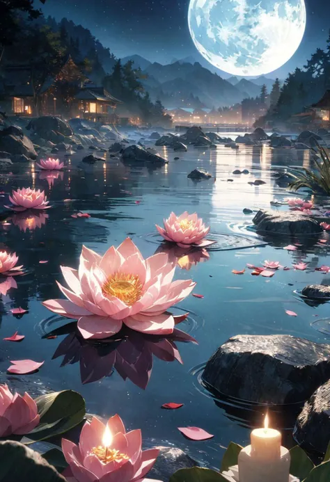 cinematic, (masterpiece), (best quality), (ultra-detailed), very aesthetic, illustration, perfect composition, intricate details, absurdres, (anime, masterpiece, intricate:1.3), (best quality, hires textures, high detail:1.2), (4k),(incredibly detailed:1.4)
hot spring, mist, rocks, Peony, glittery mist, moonlight, sky, lots of stars in the sky, water reflections of the night sky, lotus floating on water with candle, flower petals in the water, moon in the sky, Anime art style, <lora:more_details:0.5>